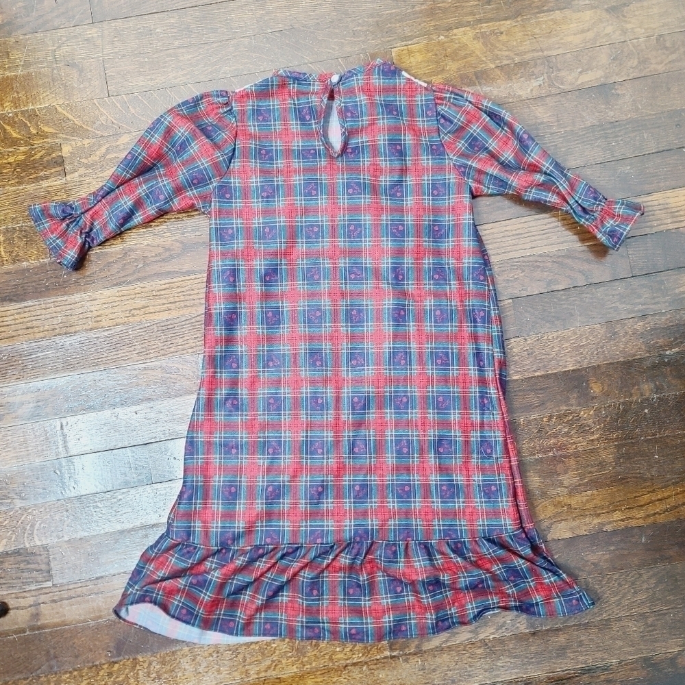 Vintage 90s Girls Red Green Plaid Hearts Ruffle Night Gown Dress size 4